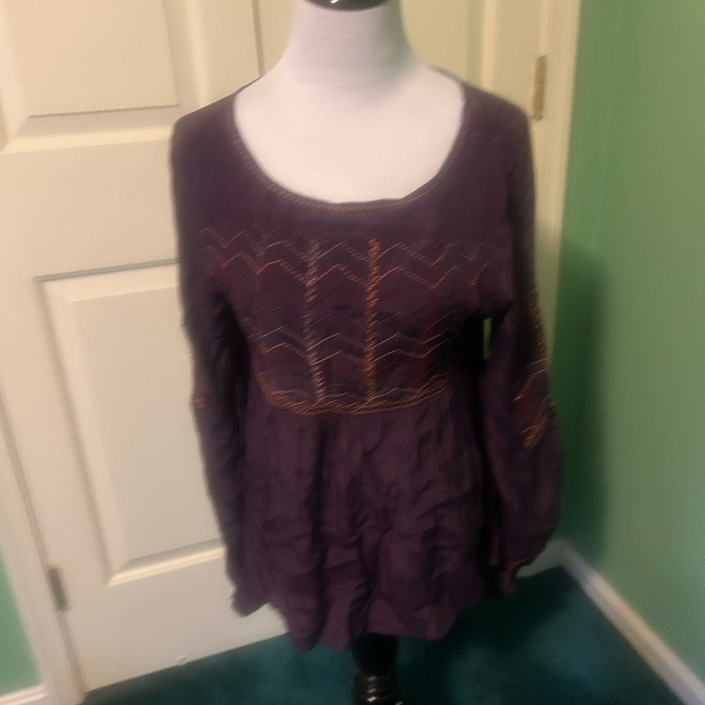 Anthropologie Chloe Oliver Eggplant Embroidered Long Sleeve Top